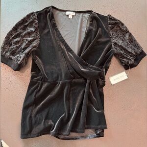 SAM AND JESS Velvet Burnout Sleeve Faux Wrap Top Black Whimsigoth Size Small NWT